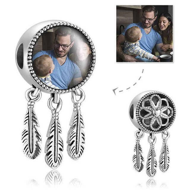 Picture of Custom Four-Sided Square Photo Charm Dreamcatcher Platinum Plated in 925 Sterling Silver