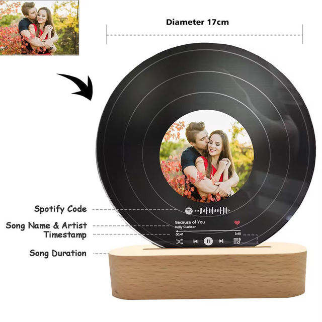 Picture of Customized Photo Night Light Personalized With Vinyl Record Scannable Acrylic Song Plaque Custom Song Album Cover Night Light for Music Lovers Gifts for Valentine's Day