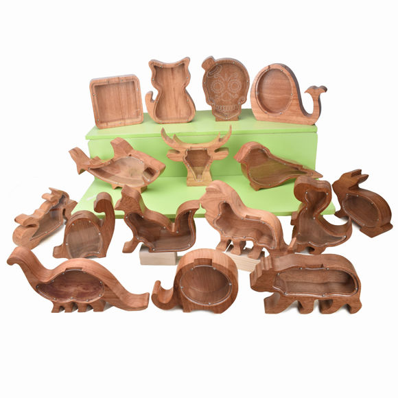 Imagen de Hucha de madera personalizada para niños, niños y niñas, banco de monedas de animales de madera, banco de dinosaurio encantador, nombre del niño DIY, caja de ahorro de dinero transparente