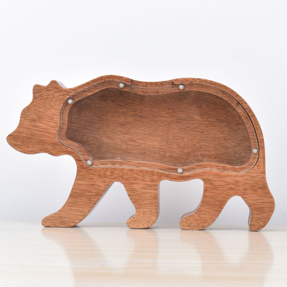 Picture of Personalized Wooden Piggy Bank for Kids Boys Girls - Wooden Animal Coin Bank Bear Bank DIY Child's Name - Transparent Money Saving Box