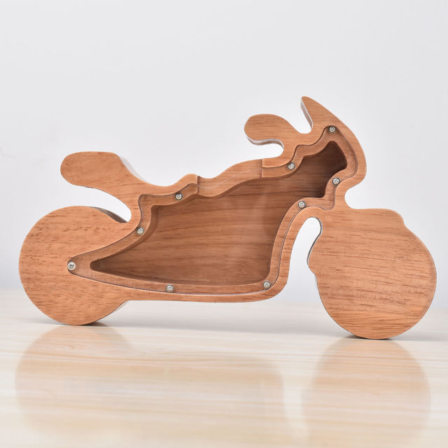 Picture of Personalized Wooden Piggy Bank for Kids Boys Girls - Wooden Animal Coin Bank Motorcycle Bank DIY Child's Name - Transparent Money Saving Box