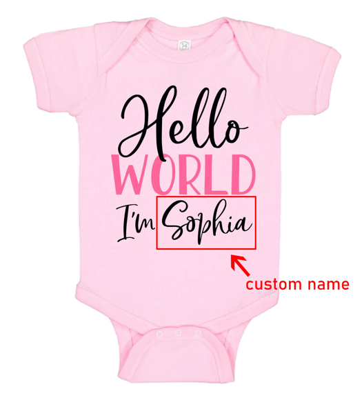 Imagen de Ropa de bebé personalizada Onesies de bebé personalizados Body infantil con nombre personalizado de manga corta - Hello World
