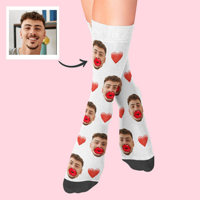 Picture of Custom Face Socks Heart and Red Lips Socks Valentine's Day Gift