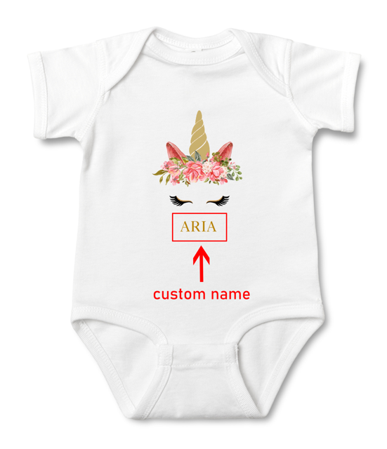 Picture of Custom Baby Clothing Personalized Baby Onesies Infant Bodysuit with Personalized Name Short-Sleeve - Unicorn Face