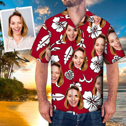 Imagen de Camisas hawaianas con foto personalizada Camisas de manga corta de verano de hoja roja personalizadas Camisas hawaianas de hermanas personalizadas