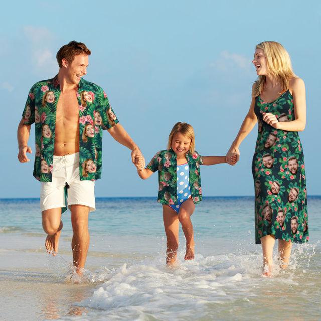 Picture of Custom Photo Face Hawaiian Style Red Flowers Long Dress and Shirt Family Matching - Beach Party T-Shirts as Best Summer Holiday Gifts