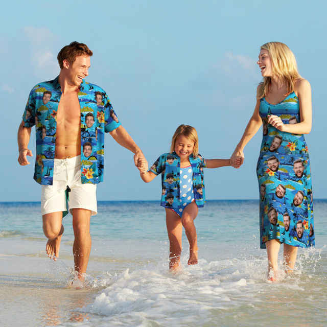 Picture of Custom Photo Face Hawaiian Style Vice City Large Leaves Long Dress and Shirt Family Matching - Beach Party T-Shirts as Summer Holiday Gifts