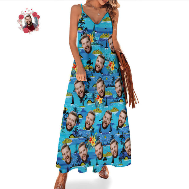 Picture of Custom Photo Face Hawaiian Style Vice City Large Leaves Long Dress and Shirt Family Matching - Beach Party T-Shirts as Summer Holiday Gifts