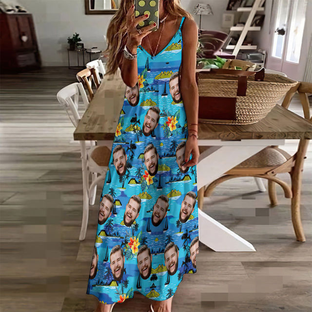 Picture of Custom Photo Face Hawaiian Style Vice City Large Leaves Long Dress and Shirt Family Matching - Beach Party T-Shirts as Summer Holiday Gifts