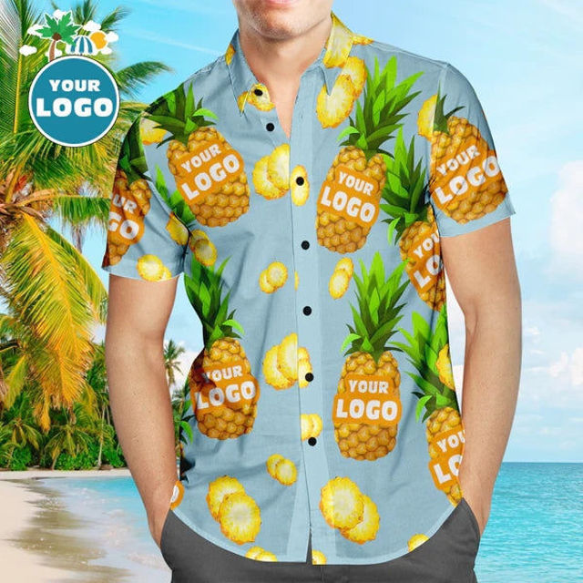 Picture of Custom Logo Hawaiian Shirts Blue Funny Pineapple Personalized Aloha Beach Shirt For Men