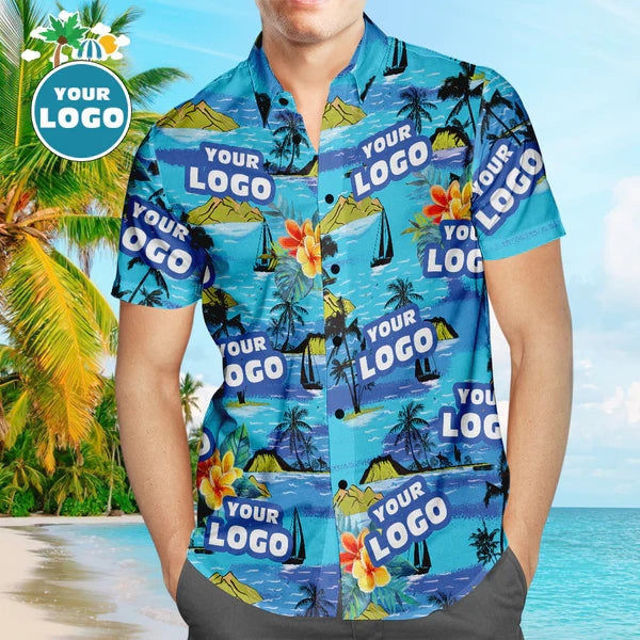 Picture of Custom Logo Hawaiian Shirts Mountains Personalized Aloha Beach Shirt For Men