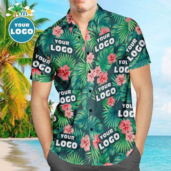 Picture of Custom Logo Hawaiian Shirts Red Flowers Design Personalized Aloha Beach Shirt For Men