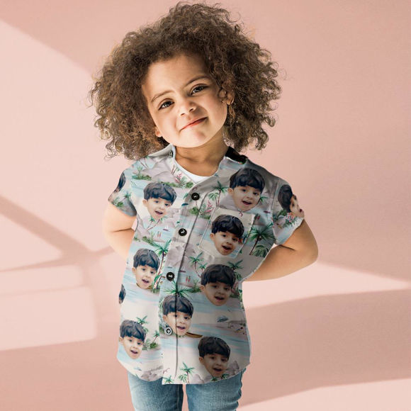 Bild von Kundenspezifisches Foto-Gesicht Hawaiihemd für Kinder - Personalisierte Kurzarm-Strandparty-Sommer-T-Shirts für Kinder - Meerblick - Kinderferiengeschenke