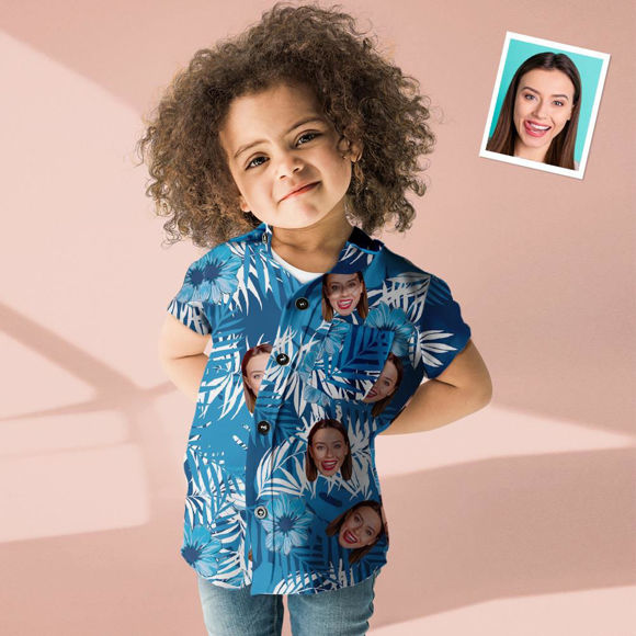 Imagen de Camisa hawaiana con cara de foto personalizada para niños - Camisetas de fiesta en la playa de manga corta para niños personalizadas - Patrón azul - Regalos de vacaciones para niños