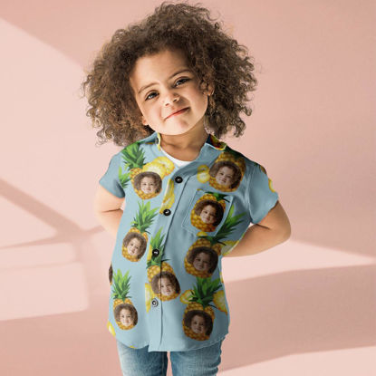 Bild von Kundenspezifisches Foto-Gesicht Hawaiihemd für Kinder - Personalisierte Kurzarm-Strandparty-T-Shirts für Kinder - Blaues Muster - Kinderferiengeschenke