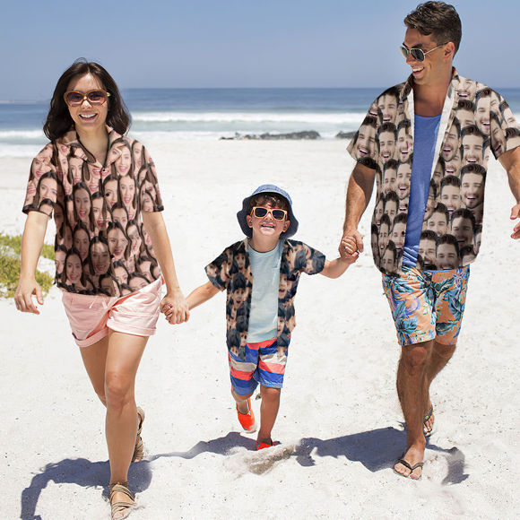 Imagen de Camisa hawaiana con cara de foto personalizada para la familia - Camisetas de verano de fiesta en la playa de manga corta personalizadas - Mash de cara - Regalos de vacaciones