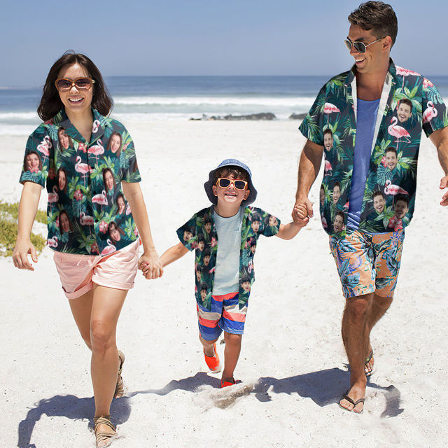 Picture of Custom Photo Face Hawaiian Shirt for Family - Personalized Short Sleeve Beach Party Summer T-Shirts - Flamingo - Holiday Gifts