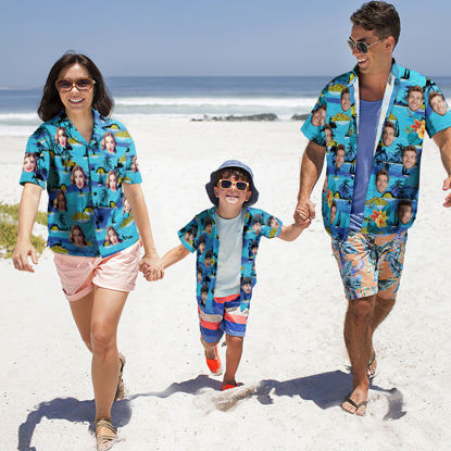 Bild von Kundenspezifisches Foto-Gesicht Hawaiihemd für Familie - Personalisierte Kurzarm-Strandparty-Sommer-T-Shirts - Blauer Strand - Urlaubsgeschenke