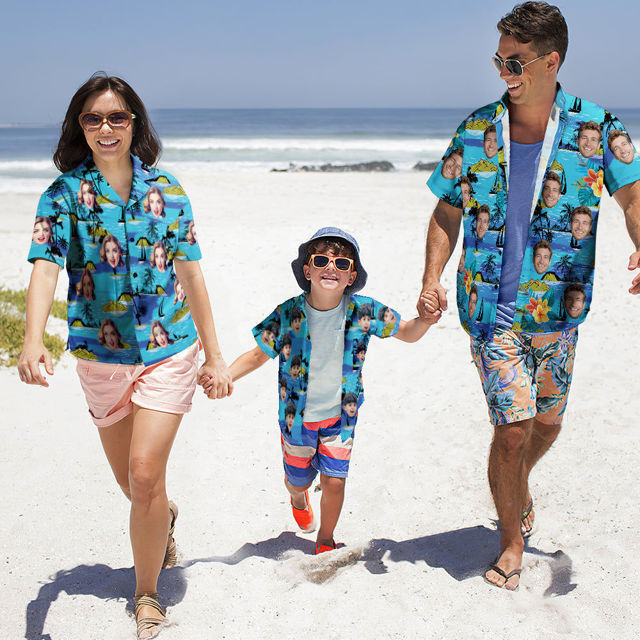 Picture of Custom Photo Face Hawaiian Shirt for Family - Personalized Short Sleeve Beach Party Summer T-Shirts - Blue Beach - Holiday Gifts