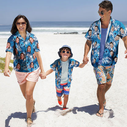 Bild von Kundenspezifisches Foto-Gesicht Hawaiihemd für Familie - Personalisierte Kurzarm-Strandparty-Sommer-T-Shirts - Blaues Muster - Urlaubsgeschenke