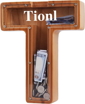 Image de Tirelire en Bois Personnalisée pour Enfants et Adultes - Tirelires Personnalisées 26 Alphabet Lettre T - Boîte d'Économie d'Argent Transparente pour Garçons et Filles