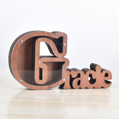 Image de Tirelire personnalisée en bois avec nom pour enfants - Grandes tirelires personnalisées 26 Alphabet G - Boîte d'économie d'argent transparente - Cadeau pour garçons et filles