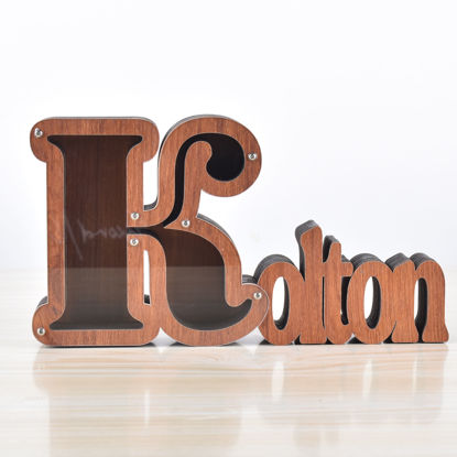 Image de Tirelire personnalisée en bois avec nom pour enfants - Grandes tirelires personnalisées 26 Alphabet K - Boîte d'économie d'argent transparente - Cadeau pour garçons et filles