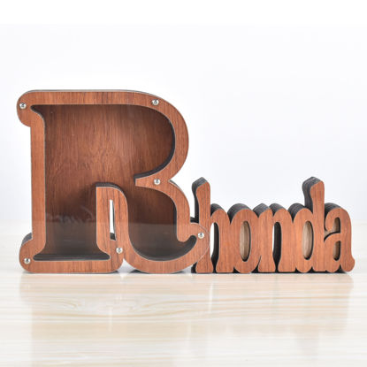 Afbeeldingen van Aangepaste houten naam spaarpot voor kinderen - gepersonaliseerde grote spaarpotten 26 alfabet R - transparante geldbesparende doos - cadeau voor jongens en meisjes
