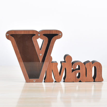Image de Tirelire personnalisée en bois avec nom pour enfants - Grandes tirelires personnalisées 26 Alphabet V - Boîte d'économie d'argent transparente - Cadeau pour garçons et filles
