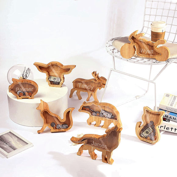 Image de Tirelire en bois personnalisée pour enfants - Tirelire en bois personnalisée pour animaux Nom de l'enfant bricolage - Boîte d'économie d'argent personnalisée - Grogu