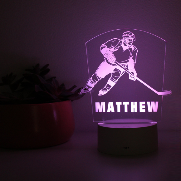 Imagen de Luz de noche con nombre personalizado con iluminación LED de colores - Luz de noche de jugador de hockey sobre hielo multicolor con nombre personalizado