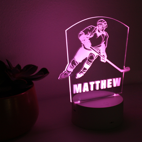 Imagen de Luz de noche con nombre personalizado con iluminación LED de colores - Luz de noche de jugador de hockey sobre hielo multicolor con nombre personalizado