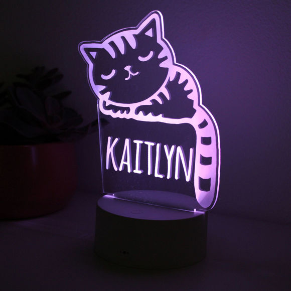Imagen de Luz de noche con nombre personalizado con iluminación LED de colores - Luz de noche de gato multicolor con nombre personalizado