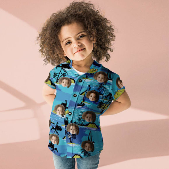 Image de Chemise hawaïenne personnalisée pour enfants - T-shirts d'été à manches courtes pour jeunes enfants de vacances personnalisés - Blue Beach