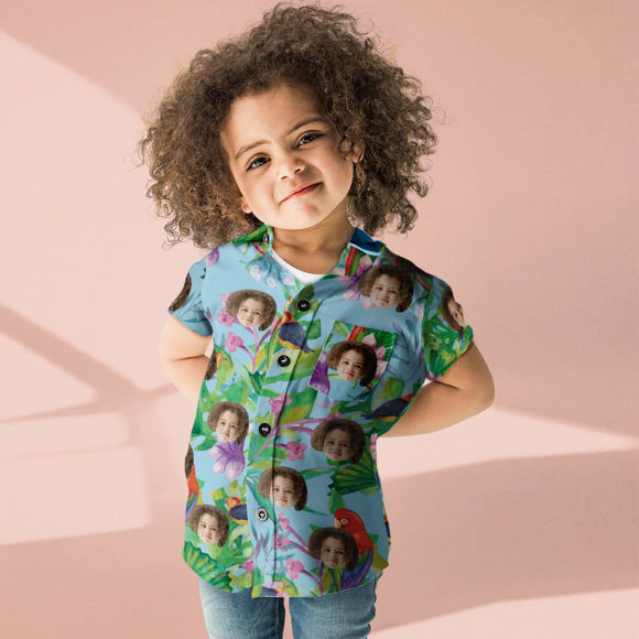 Image de Chemise hawaïenne personnalisée pour enfants - T-shirts d'été à manches courtes pour jeunes enfants de vacances personnalisés - Perroquet coloré