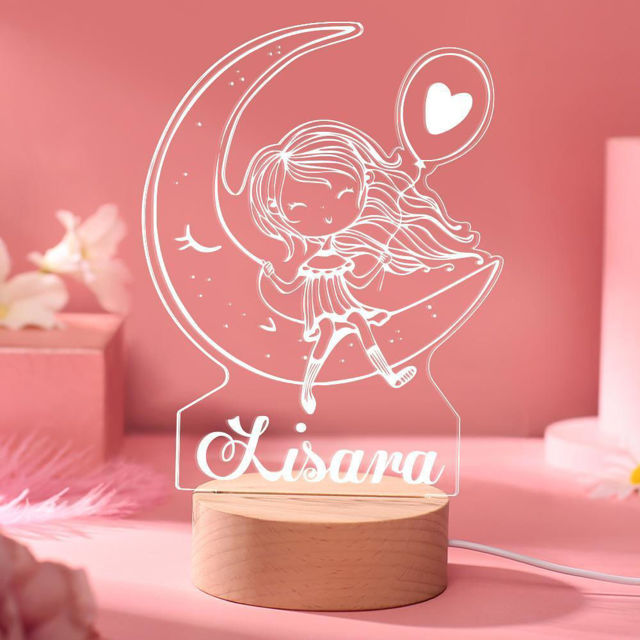 Picture of Girl Sitting on the Moon Night Light with Irregular Shape with Round Base - Personalized It With Your Kid's Name