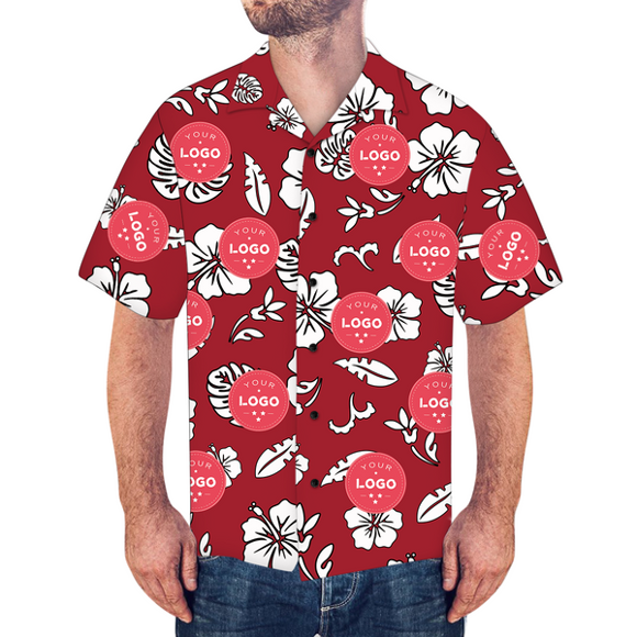 Image de Chemises hawaïennes pour hommes personnalisées avec logo de l'entreprise - Chemise hawaïenne boutonnée à manches courtes personnalisée pour la fête de plage d'été - Motif rouge