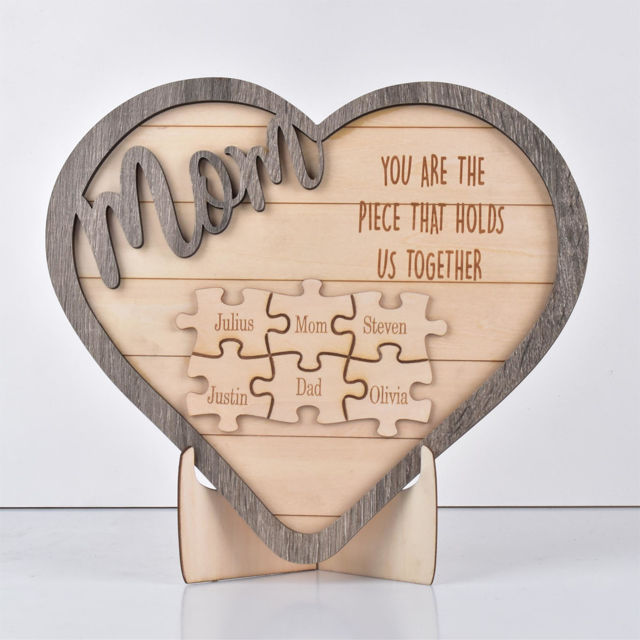 Picture of Personalized Family Puzzle Name Heart Wooden Rustic Ornament - Best Gift for Mother's Day