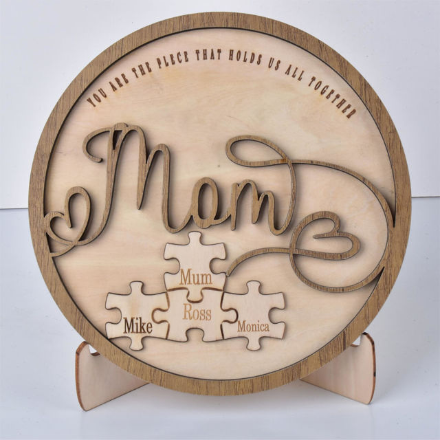 Picture of Personalized Family Puzzle Name Round Wooden Rustic Ornament - Best Gift for Mother's Day