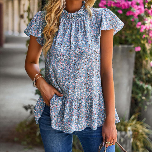 Picture of Bohemian Floral Short Sleeve Blouse for a Chic Spring/Summer Look - Round Neck Flutter Sleeves - Floral Print Blouse/Shirt for Women & Girls