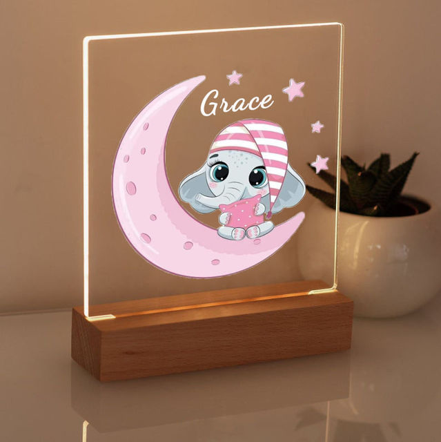 Picture of Pink Moon Elephant Night Light - Personalized It With Your Kid's Name