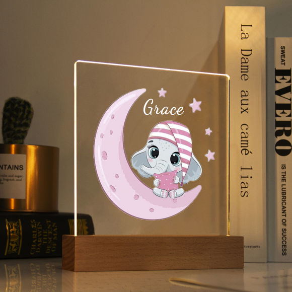 Bild von Rosa Mond-Elefant-Nachtlicht – personalisieren Sie es mit dem Namen Ihres Kindes