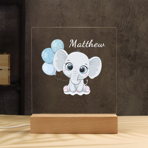 Imagen de Luz nocturna de elefante con globo azul - Personalízala con el nombre de tu hijo