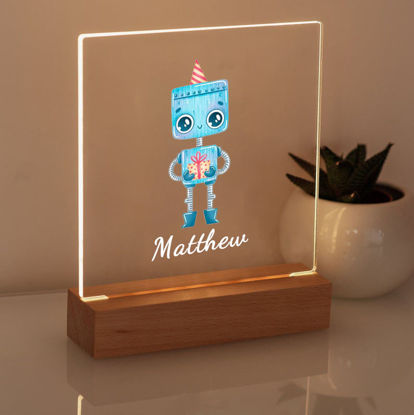 Bild von Blauer Roboter mit Geschenkbox-Nachtlicht – personalisierbar mit dem Namen Ihres Kindes