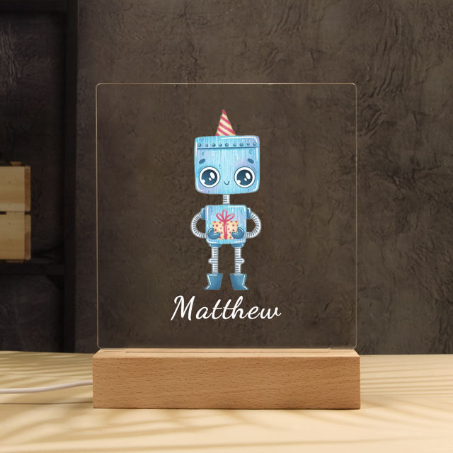 Picture of Blue Robot with Gift Box Night Light - Personalized It With Your Kid's Name