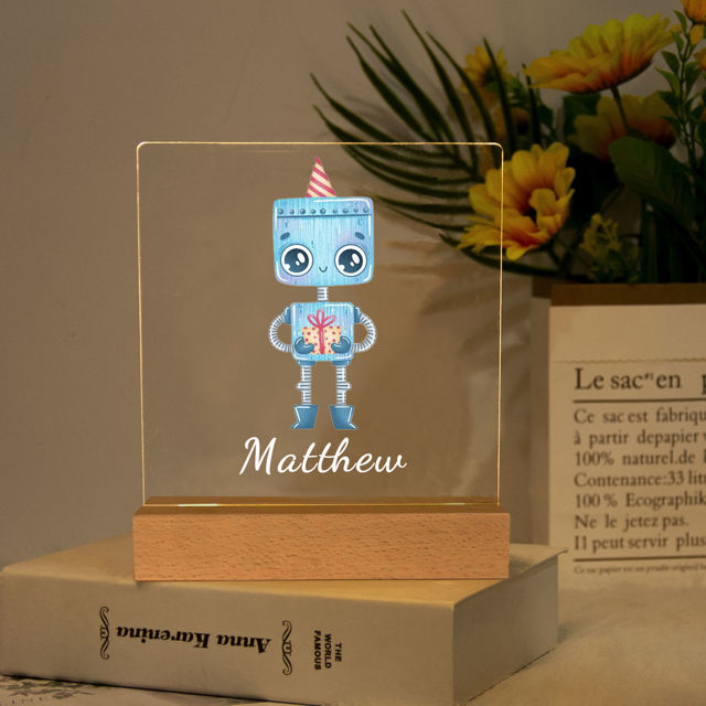 Picture of Blue Robot with Gift Box Night Light - Personalized It With Your Kid's Name