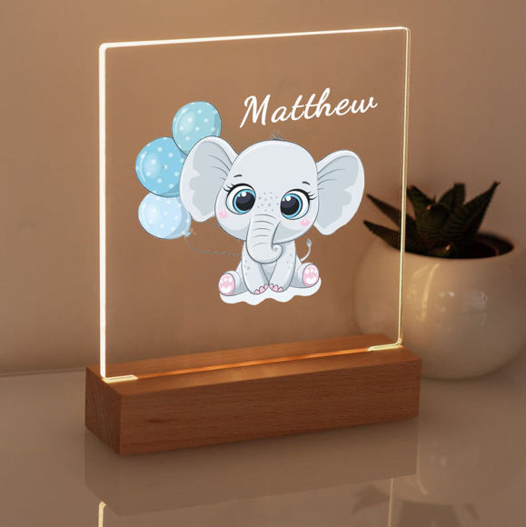 Image de Veilleuse éléphant ballon bleu | Personnalisez-le avec le nom de votre enfant | Meilleure idée de cadeau pour un anniversaire, Thanksgiving, Noël, etc.
