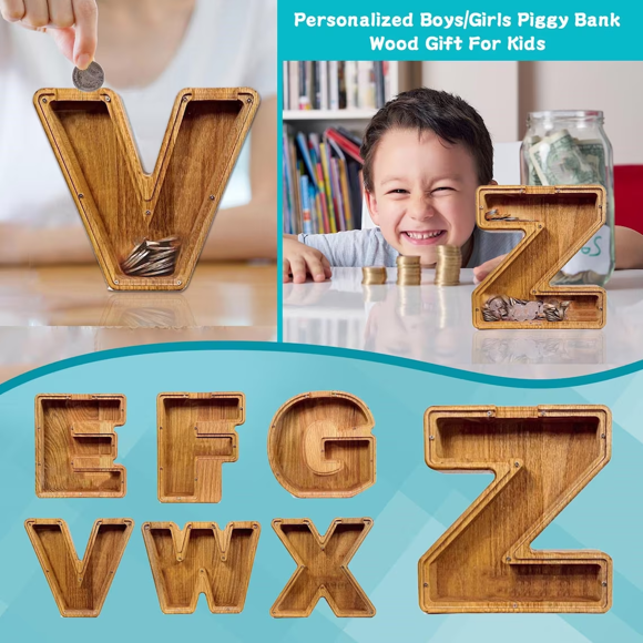 Afbeeldingen van Aangepaste houten spaarpot voor kinderen en volwassenen - gepersonaliseerde spaarpotten 26 alfabet letter Q - transparante geldbesparende doos voor jongens en meisjes