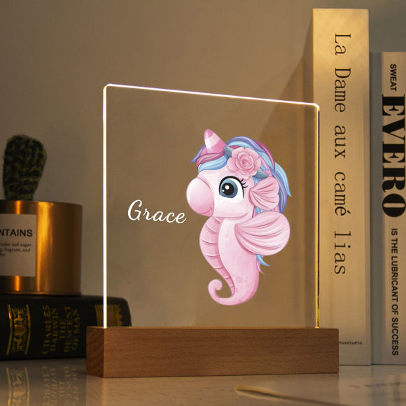 Afbeeldingen van Roze zeepaardje nachtlampje | Gepersonaliseerd met de naam van uw kind | Beste cadeau-idee voor verjaardag, Thanksgiving, Kerstmis enz.