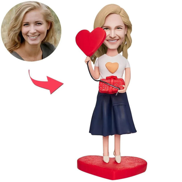 Picture of Custom Bobbleheads: Beautiful Girl Holding a Gift Box and a Love Heart | Personalized Bobbleheads for the Special Someone as a Unique Gift Idea